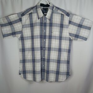 Denver Hayes Blue & White/Cream Plaid Short Sleeve Button Up T-Shirt.